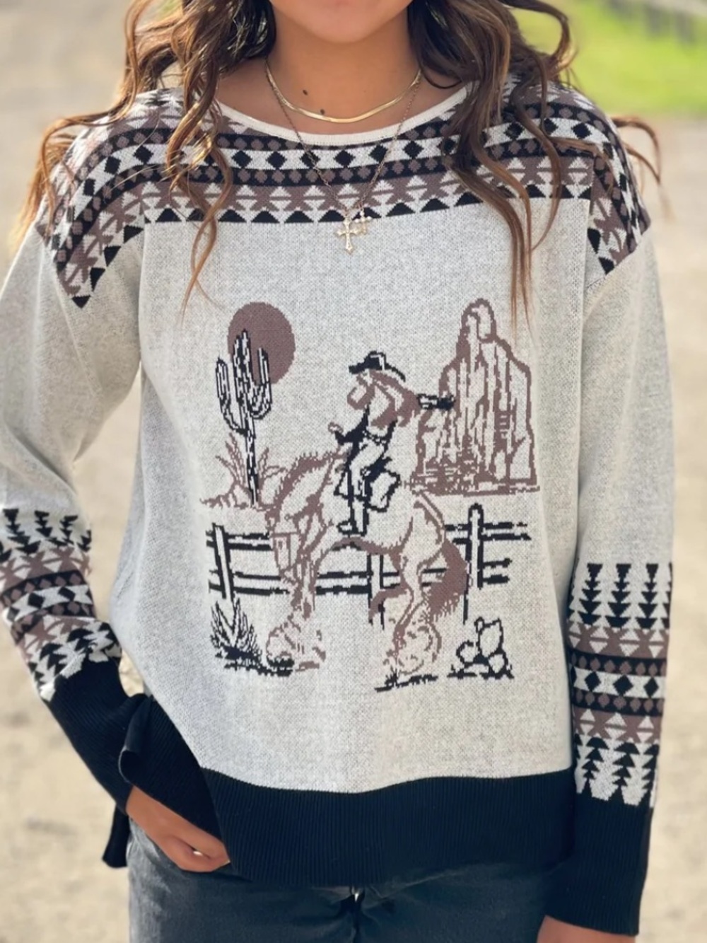 Cotton & Rye Outfitters Vintage Cowgirl Western Graphic Crewneck Sweater Medium